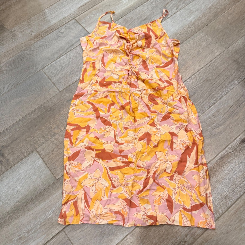 Nine West Tropical Floral Ruched Midi Dress Orange Pink Yellow Large